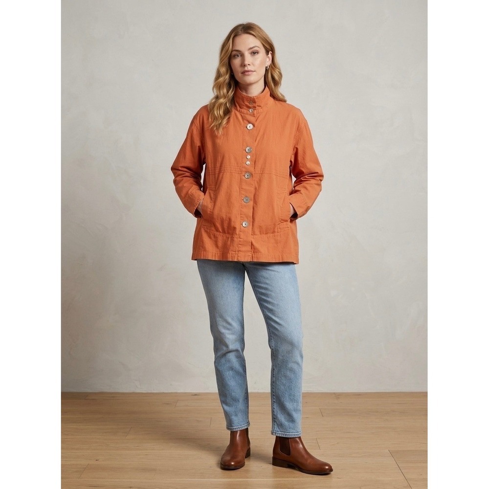 Eleven Stitch Design Orange Funnel Neck Button Front Cotton Jacket Large USA